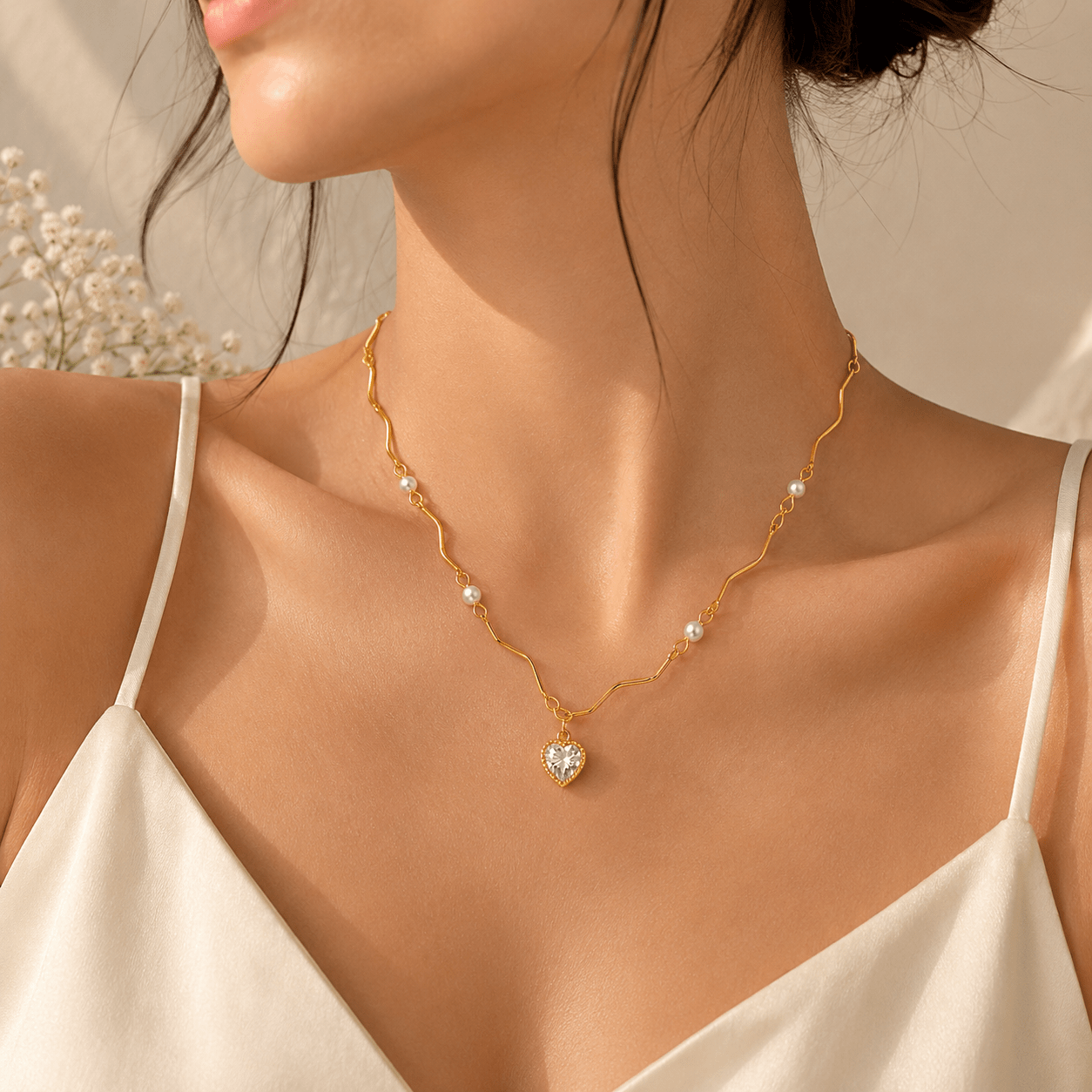 Collar Corazón Perla Dorado -Collares VERYSA